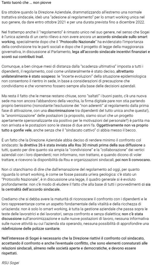 RsuSOGEI's tweet photo. Tanto tuonò che … non piovve! 
Era ottobre quando la Direzione Aziendale, drammatizzando all’estremo una normale trattativa sindacale, ideò una “adesione al regolamento” per lo #smartworking unica nel suo genere... @AndreaOrlandosp @SmartWorkersUn1 #SOGEI #RSU https://t.co/Dau0CxCwFZ