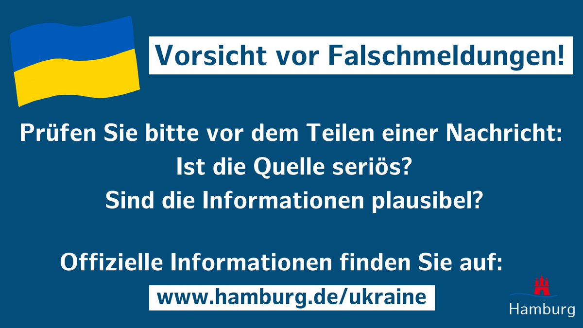 Vorsicht vor Falschmeldungen! Prüfen Sie bitte vor dem Teilen einer Nachricht: 
Ist die Quelle seriös?
Sind die Informationen plausibel? Offizielle Informationen finden Sie auf www.hamburg.de/ukraine

Offizielle Informationen finden Sie auf:    

