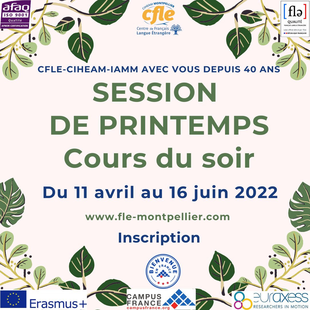 CIHEAMIAMM's tweet photo. Nouvelle session de #cours du soir de #Français Langue Etrangère 🇫🇷 à #Montpellier
Êtes-vous prêts? 😍 La session de #printemps 2022 approche.🌿 Nous serons ravis de vous compter parmi nos étudiants!
Informations: https://t.co/ewGwCWh7PY
#French #LearnFrench #ApprendreFr #FLE https://t.co/bPIazMABJ2