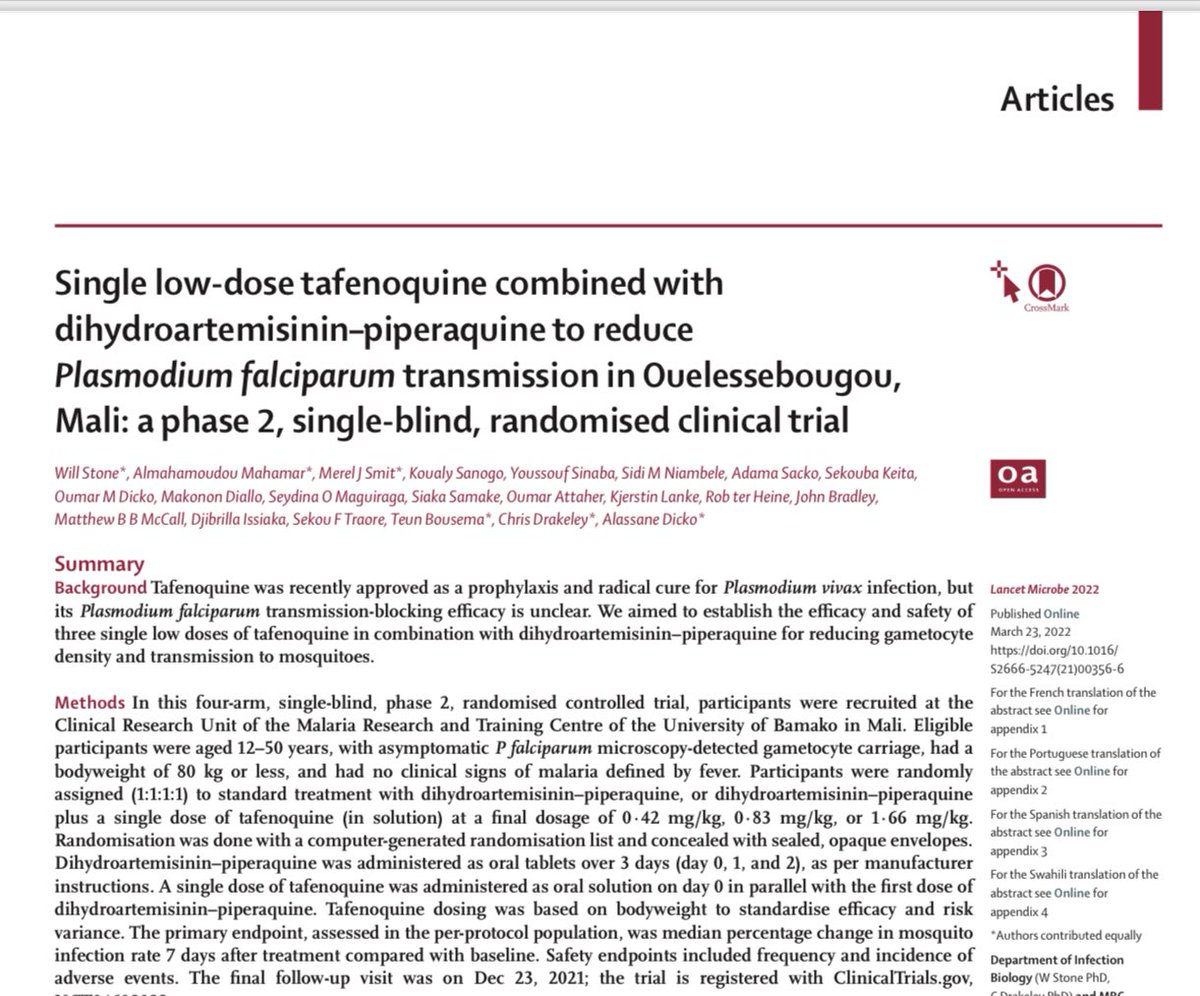 Single low-dose tafenoquine combined with dihydroartemisinin–piperaquine to reduce
Plasmodium falciparum transmission in Ouelessebougou, Mali: a phase 2, single-blind, randomised clinical trial just published in Lancet. Please click on this link 👇🏼
lshtm.ac.uk/research/centr…