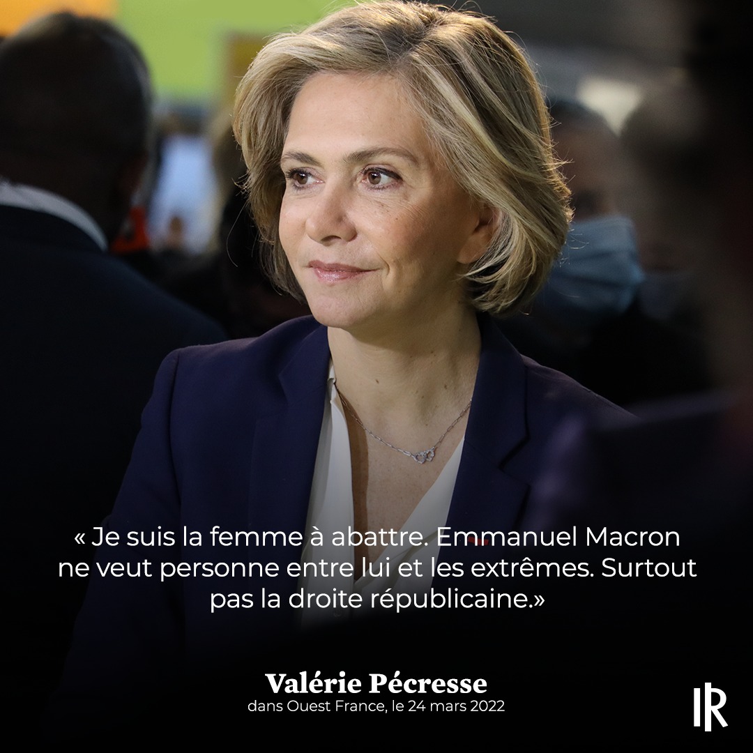 lesRepublicains's tweet photo. .@vpecresse : « Je suis la femme à abattre. Emmanuel Macron ne veut personne entre lui et les extrêmes. Surtout pas la droite républicaine. »

🇫🇷 Les 10 et 24 avril, je vote #Pecresse2022 ! https://t.co/CSSHyKDAtJ
