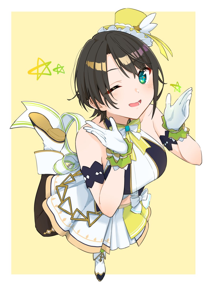 oozora subaru 1girl official alternate costume solo one eye closed hololive idol uniform short hair gloves  illustration images