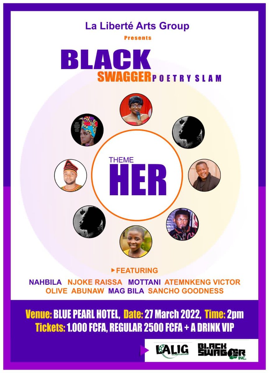 It's this Sunday Fam! You shouldn't miss out on this🥰
Join us 27/03/22 at Blue Pearl Hotel,2pm prompt.
#blackswaggerinc
#laliberteartsgroup
#blackswaggerpoetryslam