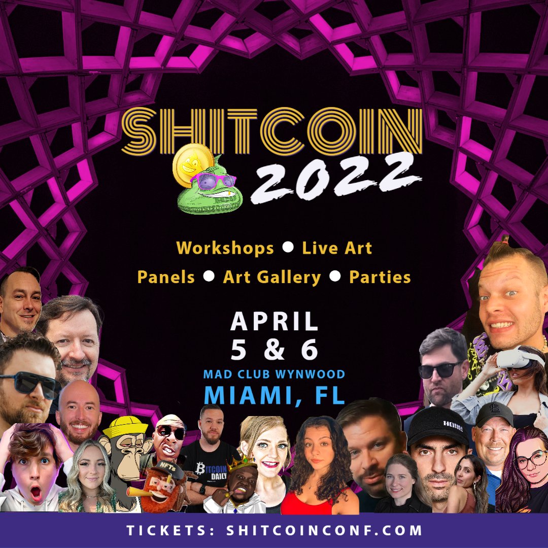 GoldmannStaxx's tweet photo. The one and only #crypto festival is back!
@shitcoinconf 2022 - April 5-6th Miami, FL 
Details: https://t.co/WS5DRceLQV

#BTC #bitcoin #Ethereum #ETH #NFT #NFTs #CryptoNews #DeFi #PlayToEarn #art #music #Partying #fun 

Check it out and join us!

@coinkit_ give 420 10 #BTC https://t.co/XRxFHHStrQ