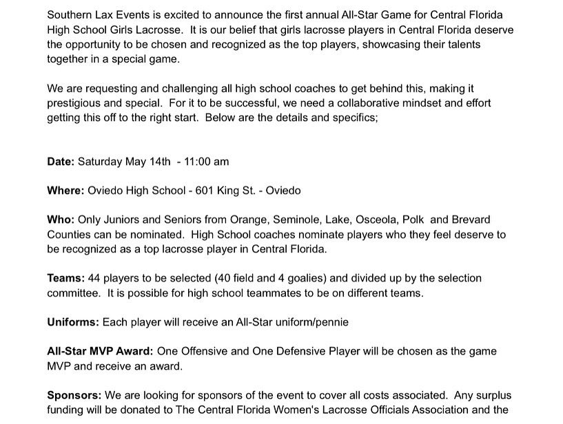 4J_Dad's tweet photo. Central Florida HS Coaches: 2 weeks left to nominate your juniors and seniors for this special event!  @FloridaLX @sllaxevents @FLlaxgirlnews https://t.co/rsN6Xg7qVV