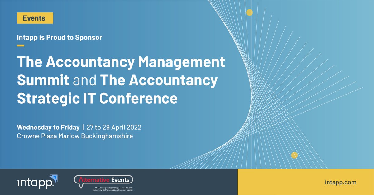 intapp's tweet photo. We’re proud to sponsor the @altaccountancy Strategic IT Conference hosted by @altevents_ 28-29 April 2022 at the Crowne Plaza in Marlow. Register here: https://t.co/3sH0Ku7zyn 

#AccountancyIT2022 #fintech #Intapp https://t.co/fC9mgARs6p
