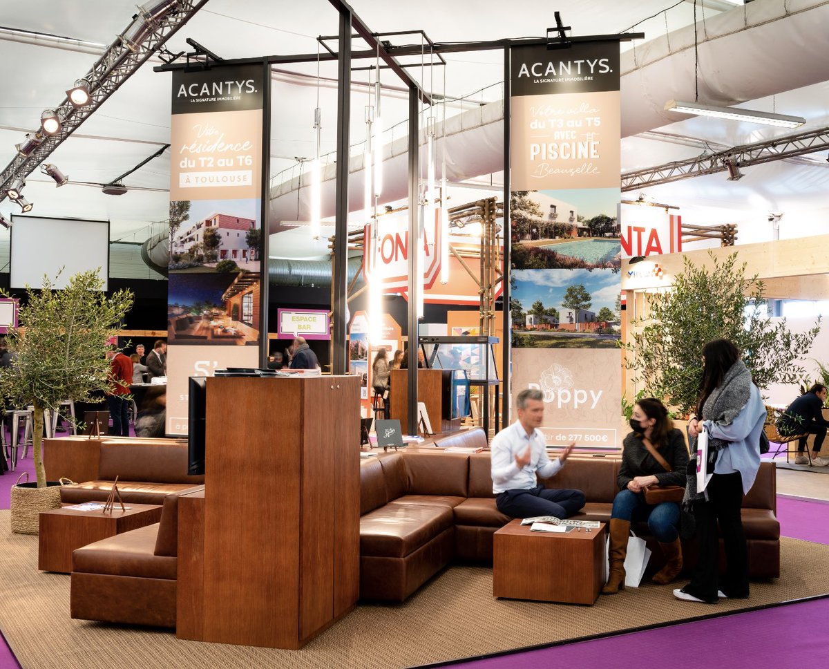 acantys's tweet photo. 📸 Retour en images sur le stand @acantys au Salon de l'#Immobilier neuf il y a quelques jours à #Toulouse : avec ce stand, nous avons souhaité mettre en avant le bien être et le confort, à l'image de ce que nous bâtissons dans nos résidences. https://t.co/Coj7D8F8qq