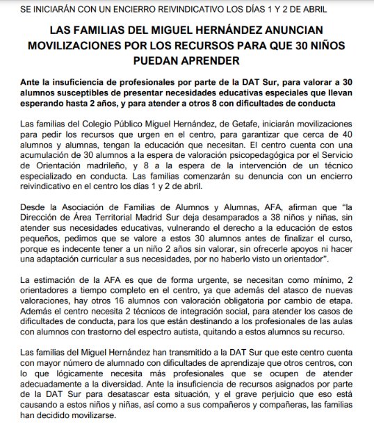AmpaMhdez's tweet photo. ¡Seguimos preparando el encierro del próximo 1 de abril! NO vamos a permitir que se sigan vulnerando los derechos de nuestros hijos/as. También sabemos que hay muchos niños/as de otros colegios en la misma situación. ¡Unámonos para decir BASTA! No son solo #30alumnxsSinRecursos https://t.co/XywuP3oKNp