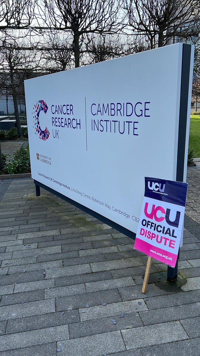 CambridgeUCU's tweet image. For our final day of #UCUstrike picketing this week we are down at @Cambridge_Uni biomedical campus outside the Cancer Research Cambridge Institute. Come and join us until 12.30!