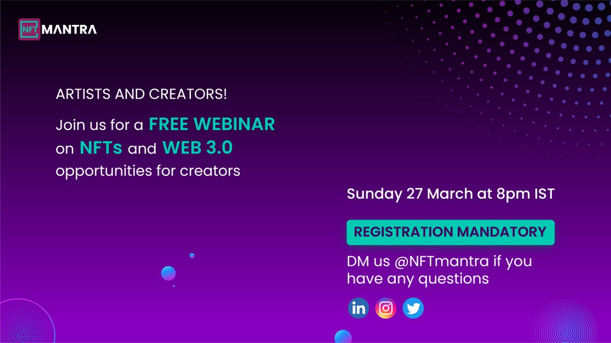 NFTMantra's tweet photo. ✨ FREE WEBINAR ✨ on #NFTs and #Web3 opportunities for digital creators, this Sunday at 8pm IST. Any questions, just DM us 😊 Registrations are OPEN 👉 https://t.co/D5w0nt6aNm https://t.co/IbWzXEbitT