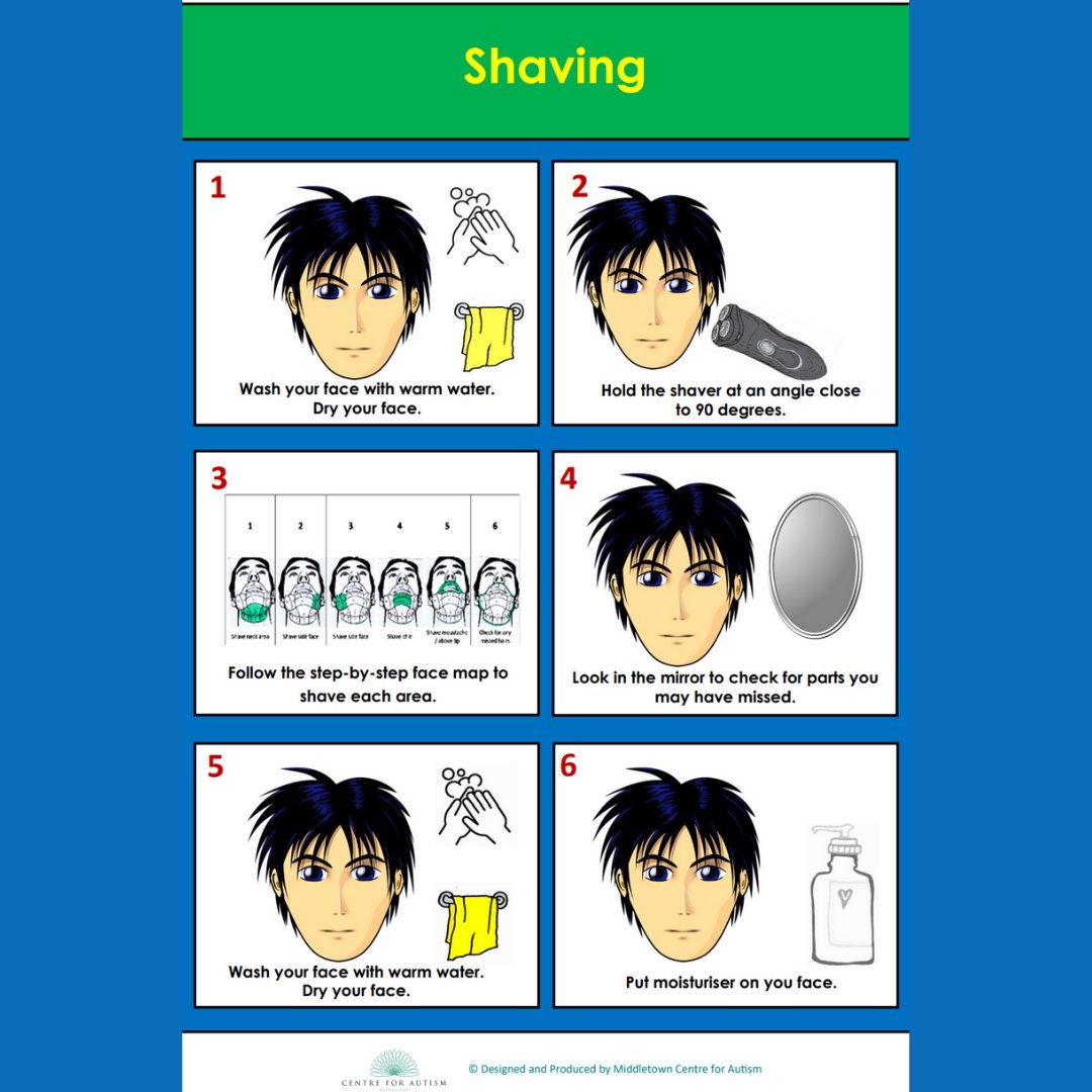 autismcentre's tweet photo. Shaving is an unavoidable task as soon as boys reach the teenage years. This visual support clarifies the steps involved, helping to add predictability and promoting independence.  

resource:
https://t.co/FZs24OxuHT  

#understandingautism #learngrowdevelop #howtoshave https://t.co/4sAtNjK2xv