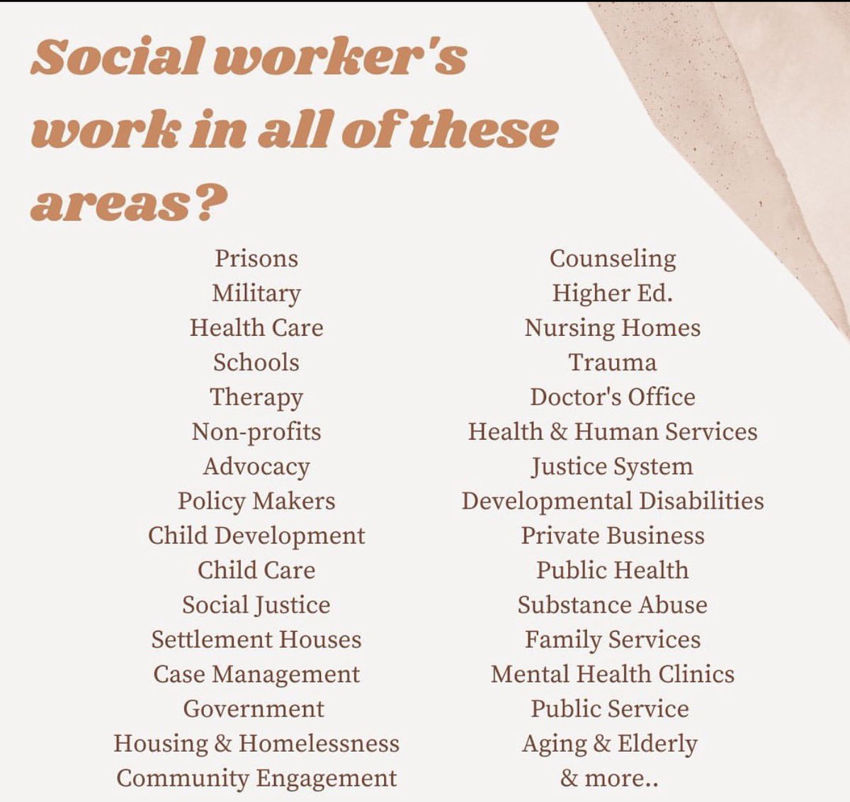 RU_SOWK's tweet photo. Happy Social Work Month! Did you know you can work in these areas with a social work degree!? The Time is Right!  Be a Social Worker! https://t.co/nbV8jA48I0