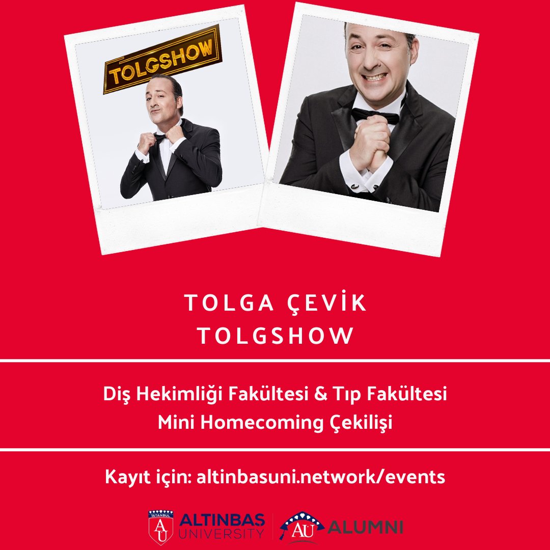 altinbasalumni's tweet photo. In the "Mini Homecoming" event that we will hold with the Alumni of the School of Dentistry and School of Medicine on Tuesday, April 5, we are giving away a two-person Tolga Çevik TolgShow ticket to one of our alumni!

Register: https://t.co/NkUWSdZ4xx https://t.co/oUoTUXeUOQ