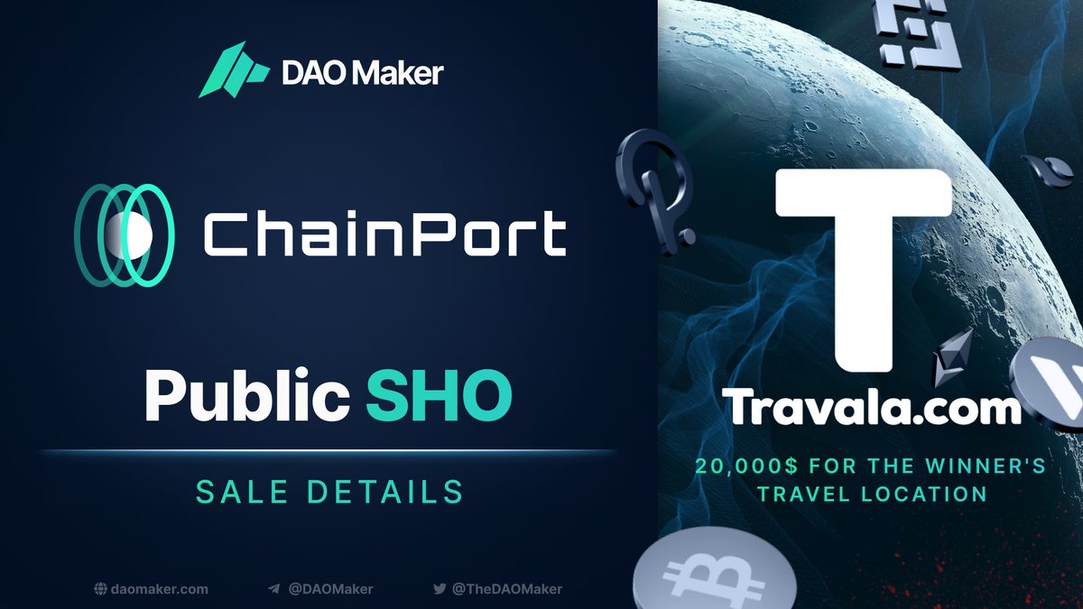 CHAINPORT PUBLIC SHO $PORTX

- $3M Raise, open to everyone starting on Monday
- Best Referral will win a $20,000 travel budget
anywhere in the world powered by Travala
- If you have a +$2,500 balance in your wallet you can participate!

More👇
daomaker.com/company/chainp…

1/ Thread🧵