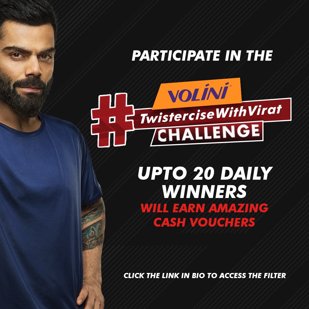 MyVolini's tweet photo. Participate in the #TwisterciseWithVirat challenge today and get a chance to win exciting cash vouchers daily! 😍
So, don't wait, go to the LINK IN BIO to access the filter and just Twistercise! 🙌

#TwisterciseWithVirat #ContestAlert #TwisterciseChallenge #NoTimeForPain #Volini https://t.co/je3NNEnRTS