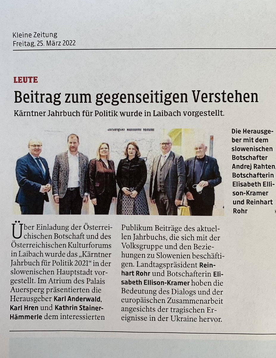 elisellison's tweet photo. Freue mich über den Bericht der @kleinezeitung über die Präsentation des Kärntner Jahrbuches, Dank an Landtagspräsident @reinhartrohr für die Einführung. #Dialog #Kärnten #Koroška #crossborderdialogue #gemeinsamsindwirstärker 🇸🇮 🇦🇹 https://t.co/gmFNBVCi0h