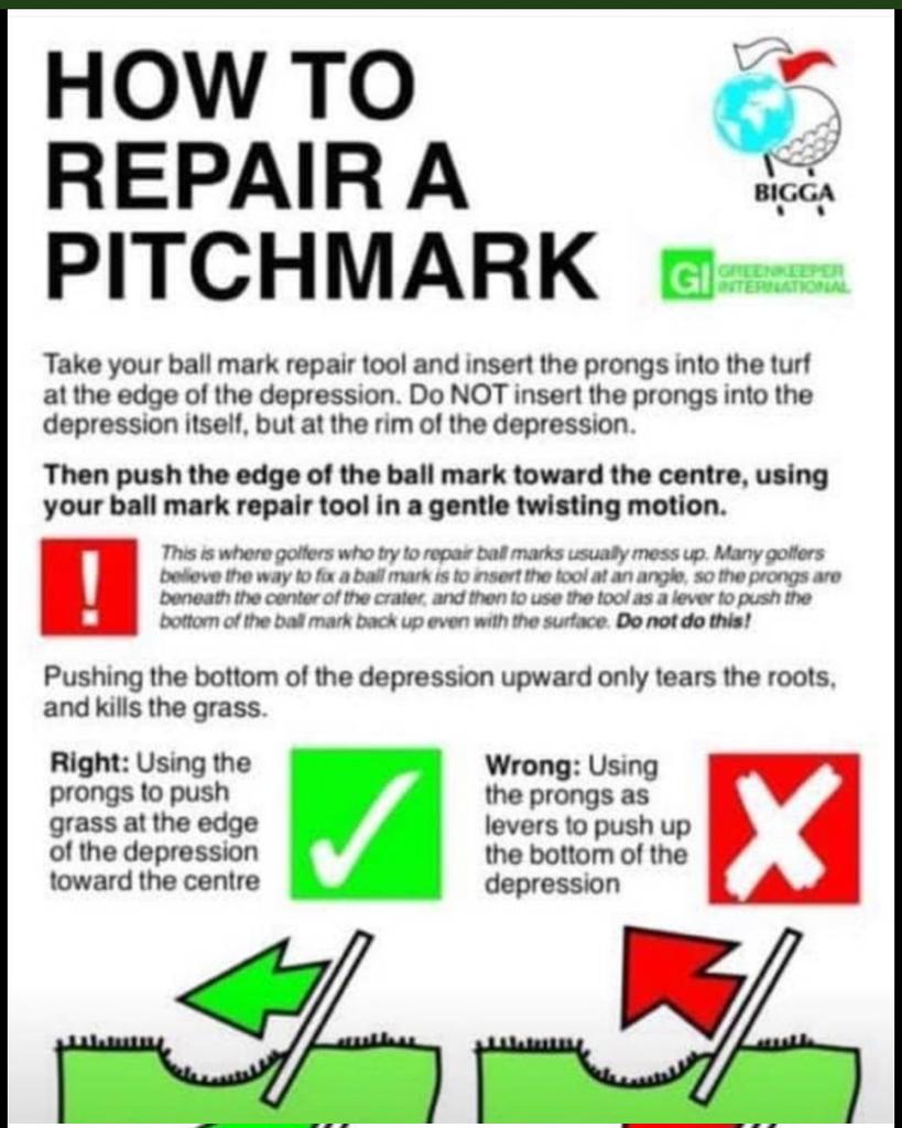 Fri 25th March

Attached is a picture of our 14th green this morning. The golf balls represent poorly repaired or un-repaired pitchmarks.!

This is after 2 days play as the green was inspected by staff on Wednesday.

Please take the time to repair pitchmarks ⛳