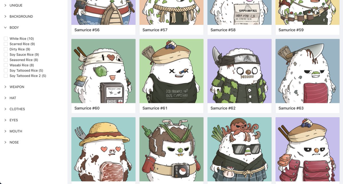fistbumpdraw's tweet photo. I've quickly dev an "Opensea-like gallery" for my own use to be sure the collection looks great and diverse, and to easily check if there are any rendering issues! Really amazed to see how cute and unique the Samurices look 😳😭 https://t.co/wtssz1hTG2