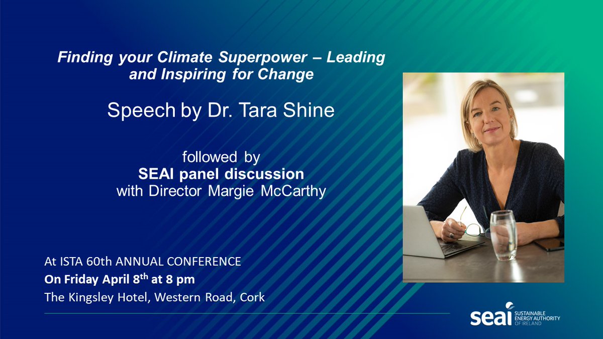 SEAI_Schools's tweet photo. Looking forward to discussing #climate Leadership with Dr. Tara Shine at @SEAI_Schools event at @IrishSciTeach 60th Annual Conference in Cork on April 8th! SEAI Director @MMCJoyce joining the panel discussion on Climate leadership in Schools #climatesuperpower #ClimateAction https://t.co/yyT5UrGfBu