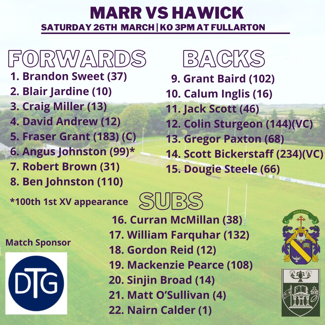 MarrRugby's tweet photo. 🔊 | TEAM ANNOUNCEMENT 

Here is your 1st XV squad to take on @HawickRFC tomorrow at 3PM at Fullarton in the Tennent’s Premiership play-off semi-final 💜💛 https://t.co/EFMRwBziHH
