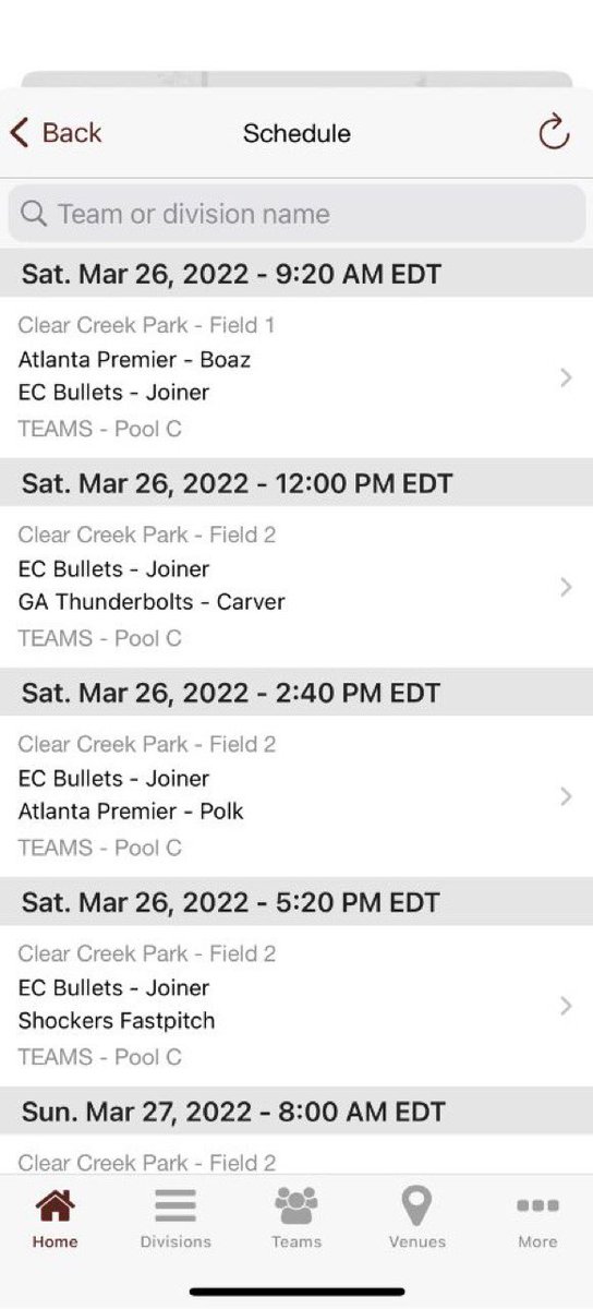 faithball08's tweet photo. here is my schedule this weekend at clear creek park! i am looking forward to playing and this upcoming spring season! the schedule cuts off but our 2nd game on sunday is at 10:40 and it’s single elimination! we stream everything on facebook live and do gamechanger! @ECBJoiner https://t.co/IF7OVVLMnp