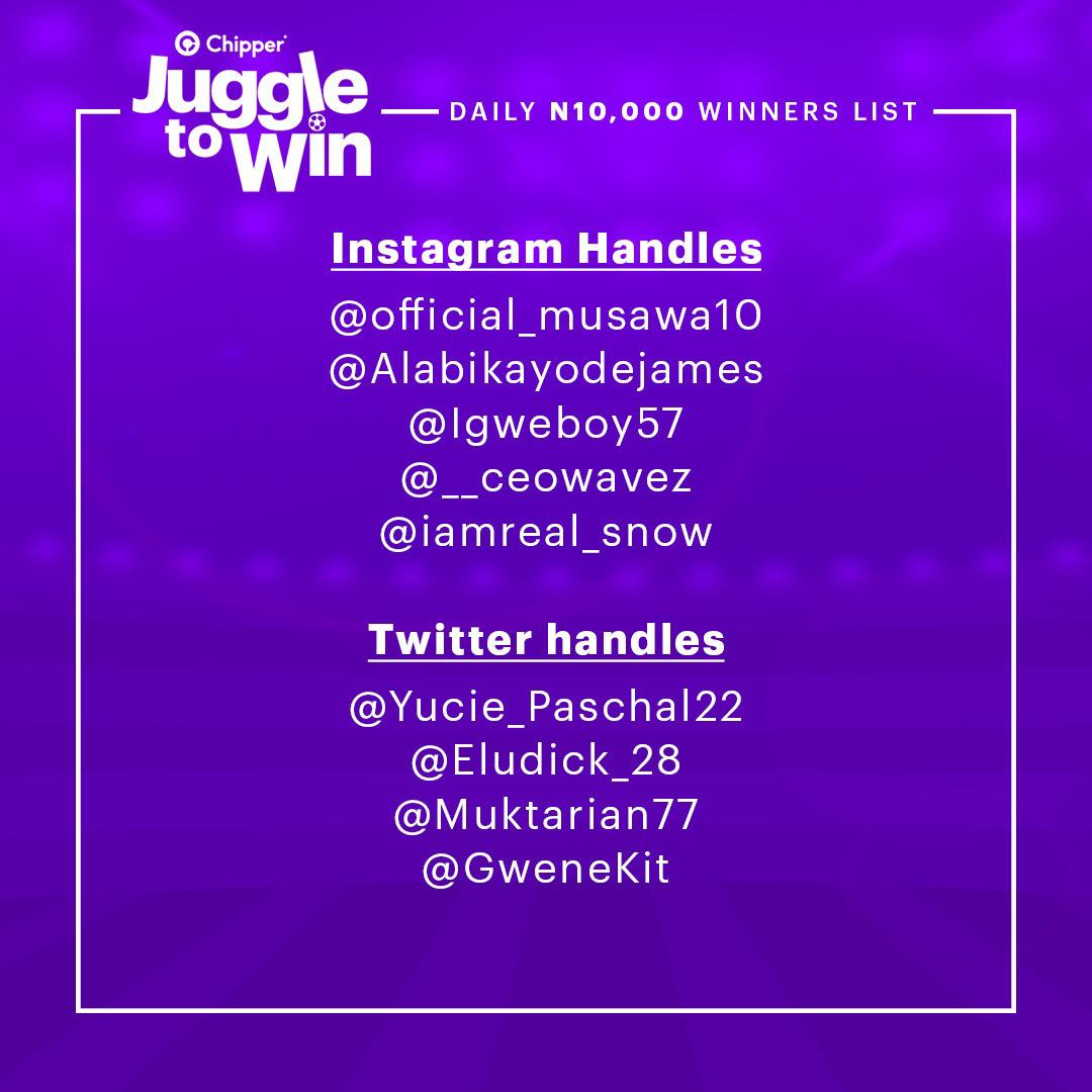 chippercashapp's tweet photo. Congratulations to our first batch of winners of the #JuggleToWin promo. You too could be a winner! https://t.co/wK3m1Mgk8v