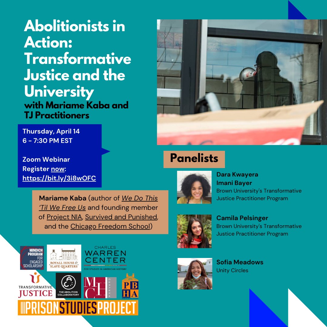 Join Mariame Kaba and three brilliant abolitionist organizers for a free virtual event on transformative justice, institutional failures, and intentional futures! April 14th at 6 ET. Open to all. Register here: bit.ly/3i8wOFC