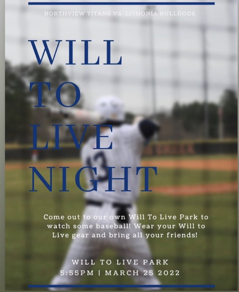 Northview Baseball (@northview_baseb) on Twitter photo It’s Will To Live/Life Teammates Night! Come out and support a great cause and your Titans as they take on Lithonia in region play! Get there early as pregame starts at 5:30pm. See you there! <a href="/CoachKrat/">Tom Kratowicz</a> <a href="/WillToLiveOrg/">Will To Live</a> @NorthviewAthle1 <a href="/NorthviewTitans/">Northview High School</a> It’s Will To Live/Life Teammates Night! Come out and support a great cause and your Titans as they take on Lithonia in region play! Get there early as pregame starts at 5:30pm. See you there! <a href="/CoachKrat/">Tom Kratowicz</a> <a href="/WillToLiveOrg/">Will To Live</a> @NorthviewAthle1 <a href="/NorthviewTitans/">Northview High School</a>