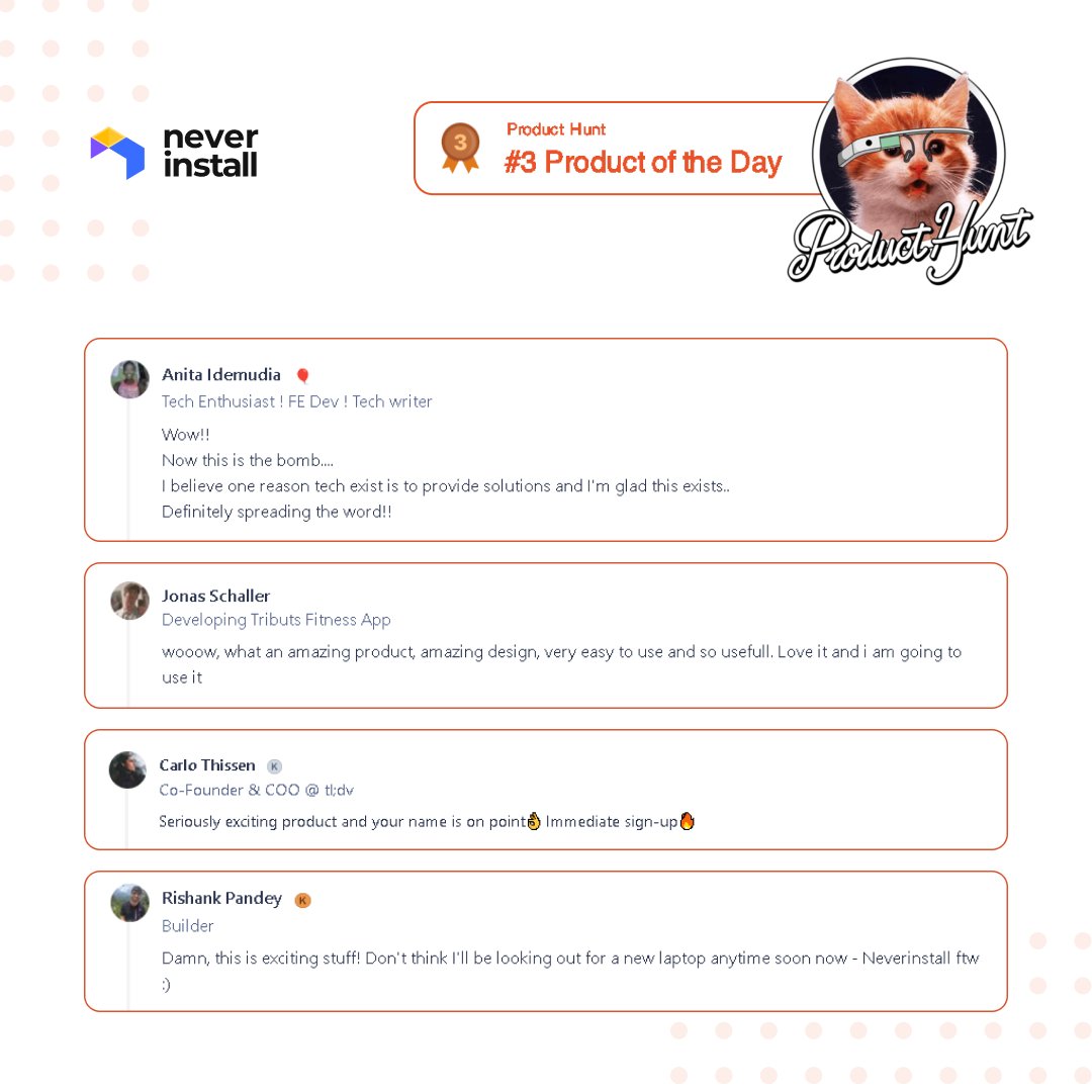 neverinstall's tweet photo. Thank you everyone for making us #3 Product of the Day on Product Hunt! Your feedback is what drives us to keep aiming higher and working on exciting updates for you 🚀🚀

#producthunt #producthuntlaunch #neverinstall https://t.co/ntP1xgMRHb