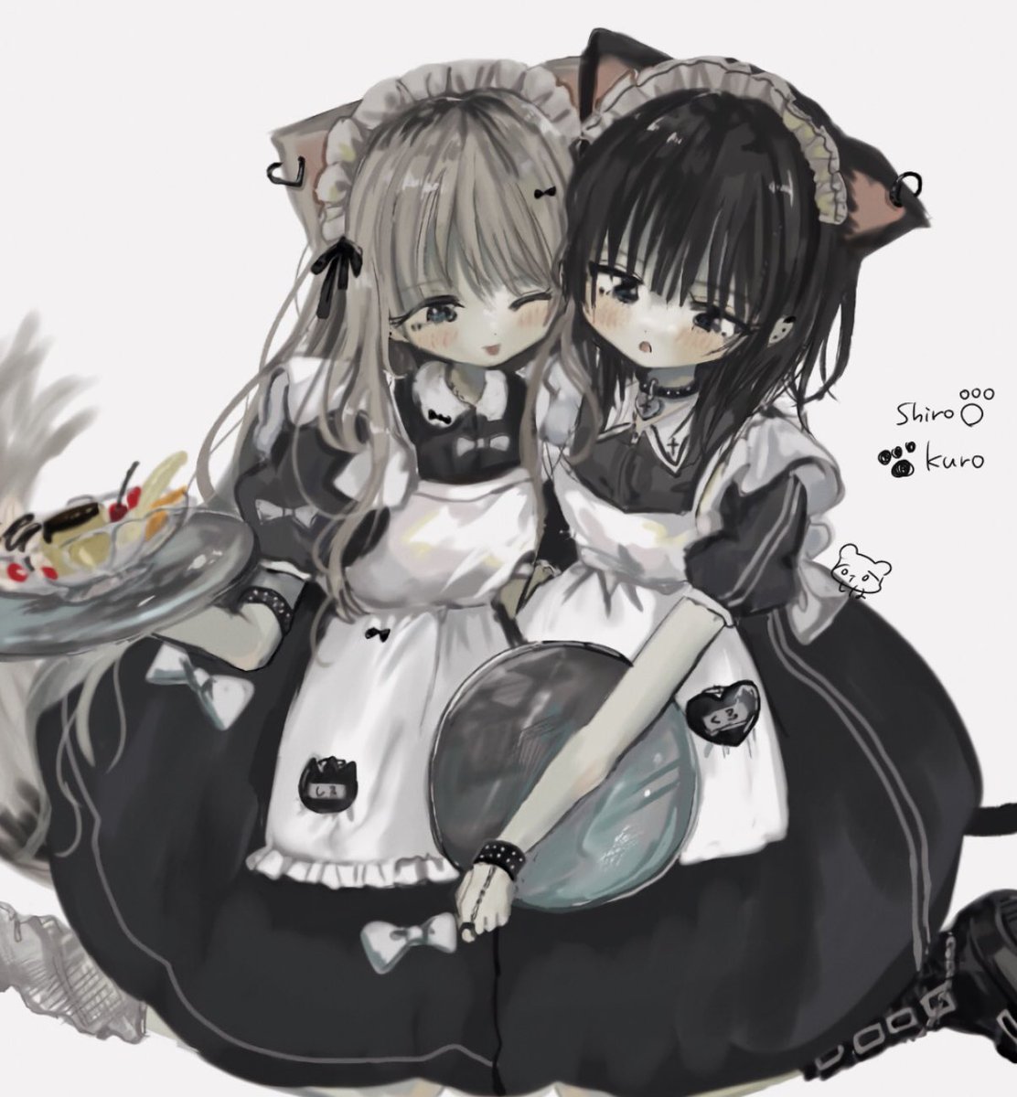 multiple girls 2girls animal ears maid maid headdress cat ears tray  illustration images
