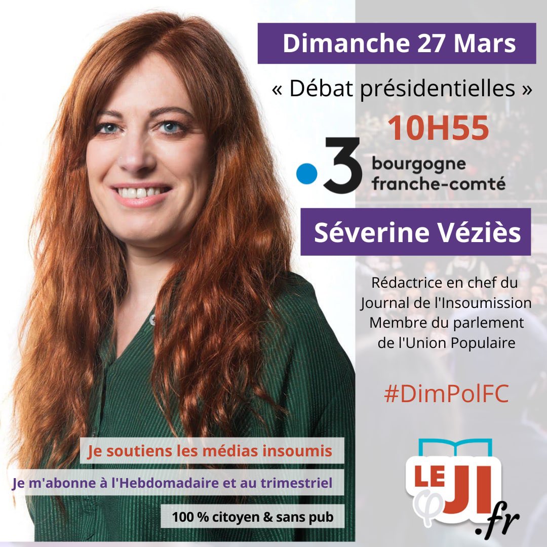 SeverineVezies's tweet photo. On se retrouve ce dimanche pour un débat spécial présidentielles sur @F3FrancheComte et @F3Bourgogne. On parlera industrie, énergie, bifurcation écologique et bien sûr pouvoir d’achat. #dimpolBFC #UnionPopulaire #MelenchonSecondTour https://t.co/4YmD0xNtnP