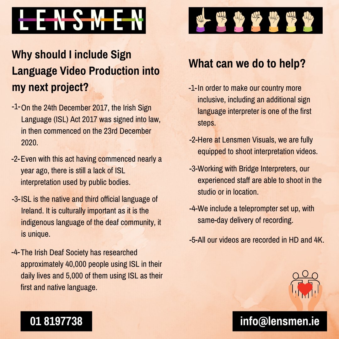 Lensmen_Visual's tweet image. At Lensmen we offer an additional service where you can add an ISL interpreter to your videos. Here are some reasons why you should include ISL interpretation in your next video!
#ISL #signlanguageinterpretation #irishsignlanguage #ISLinterpretation #accessiblity #videoproduction