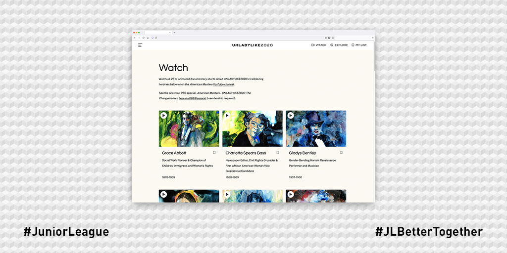 Today, we encourage you to celebrate Women’s History Month by watching at least 1 video from UNLADYLIKE2020, a series of short films profiling diverse &amp; little-known American women. Go to unladylike2020.com to view!

#WomensHistoryMonth #JLBetterTogether #JuniorLeague #JLH