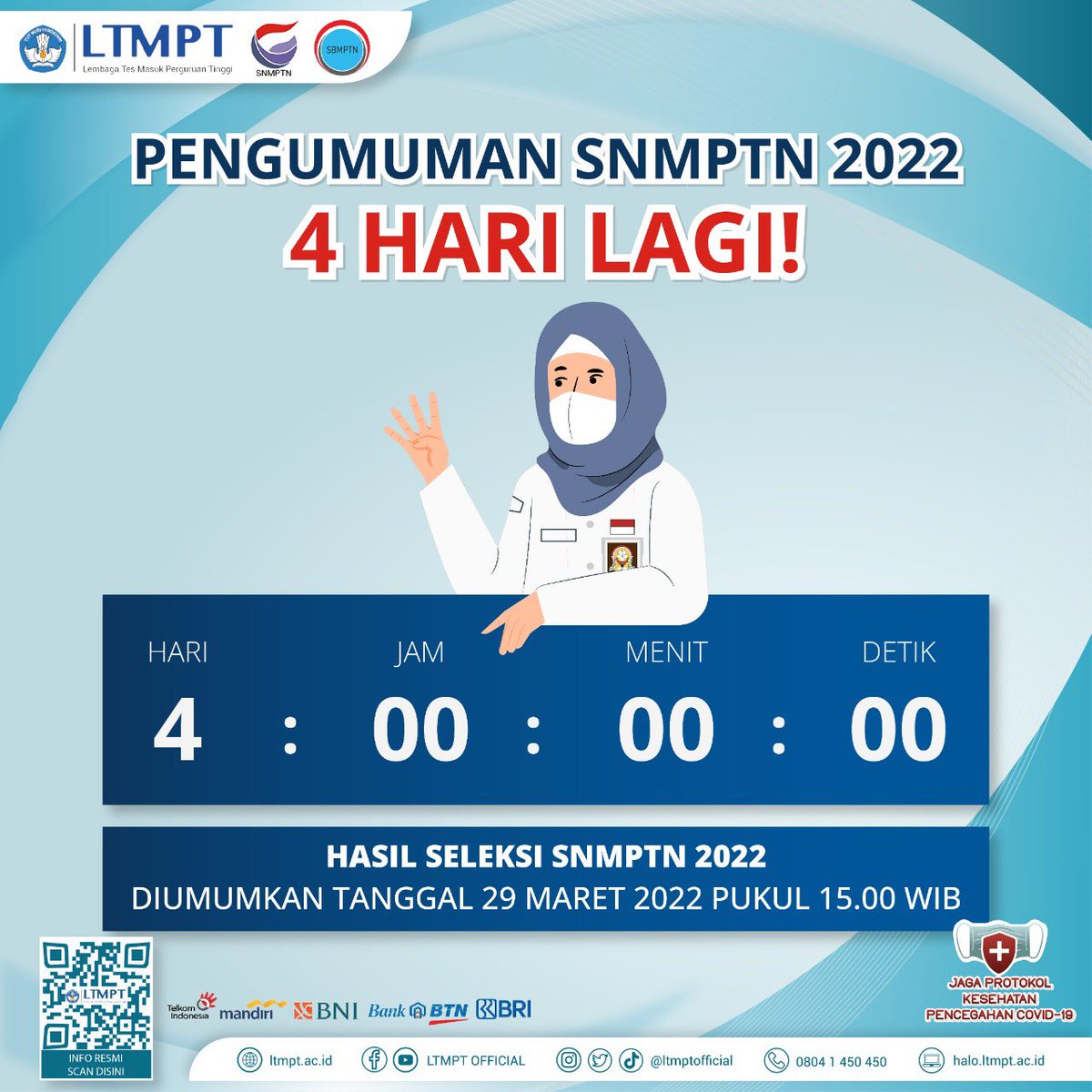 ltmptofficial's tweet photo. H-4 PENGUMUMAN HASIL SNMPTN 2022

Halo Calon Mahasiswa Indonesia!

Salah satu momen yang paling ditunggu akhirnya datang juga, yaitu Empat Hari lagi HASIL SNMPTN 2022 akan diumumkan. https://t.co/SNte4gQS7T