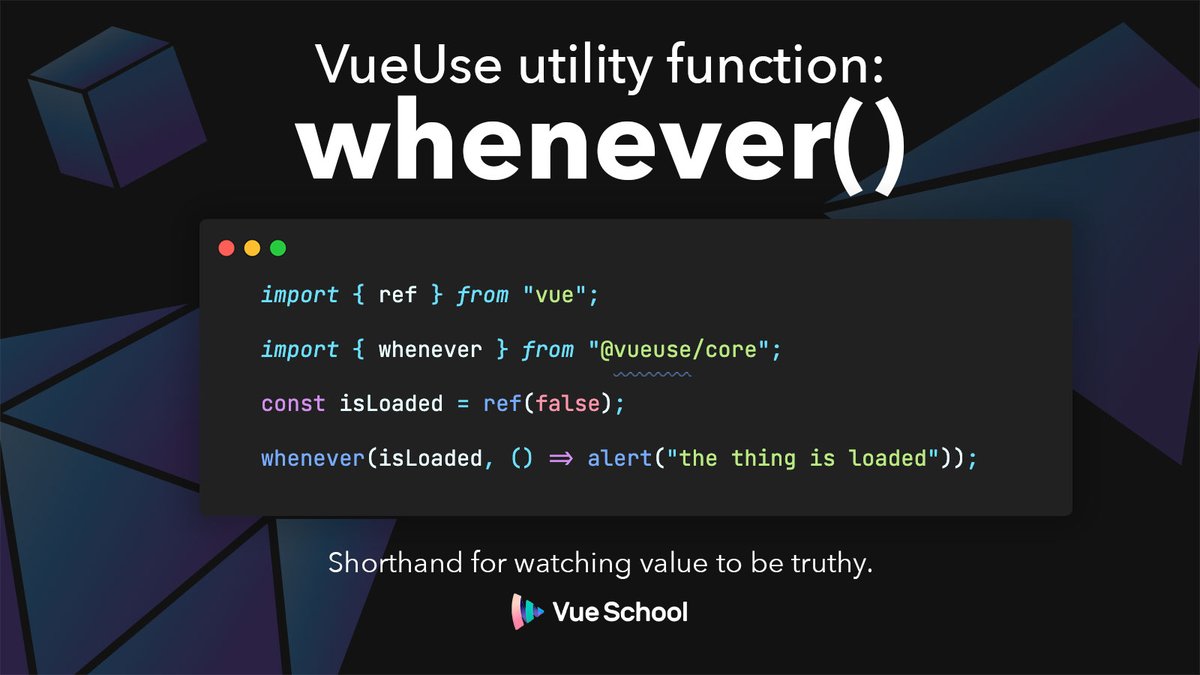 VueSchool_io's tweet image. Checkout the whenever utility function from @VueUse! 
Pretty handy! 💡

vueuse.org/shared/wheneve…

#vuejs #vueschool #utilityfunctions