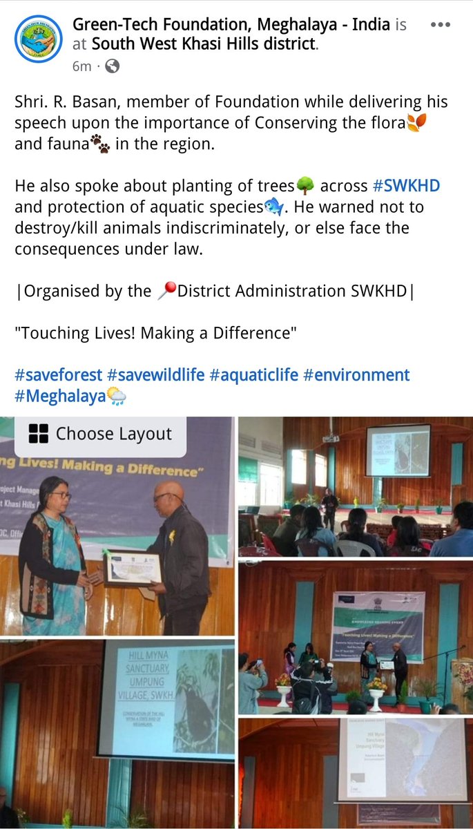 GTFmeghalaya's tweet photo. Shri. R. Basan, member of Foundation while delivering his speech upon the importance of Conserving the flora🍂 and fauna🐾 in the region.
He also spoke about planting of trees🌳 across #SWKHD and protection of aquatic species🐟.
#saveforest #savewildlife #aquaticlife https://t.co/hb0ml8zrX1