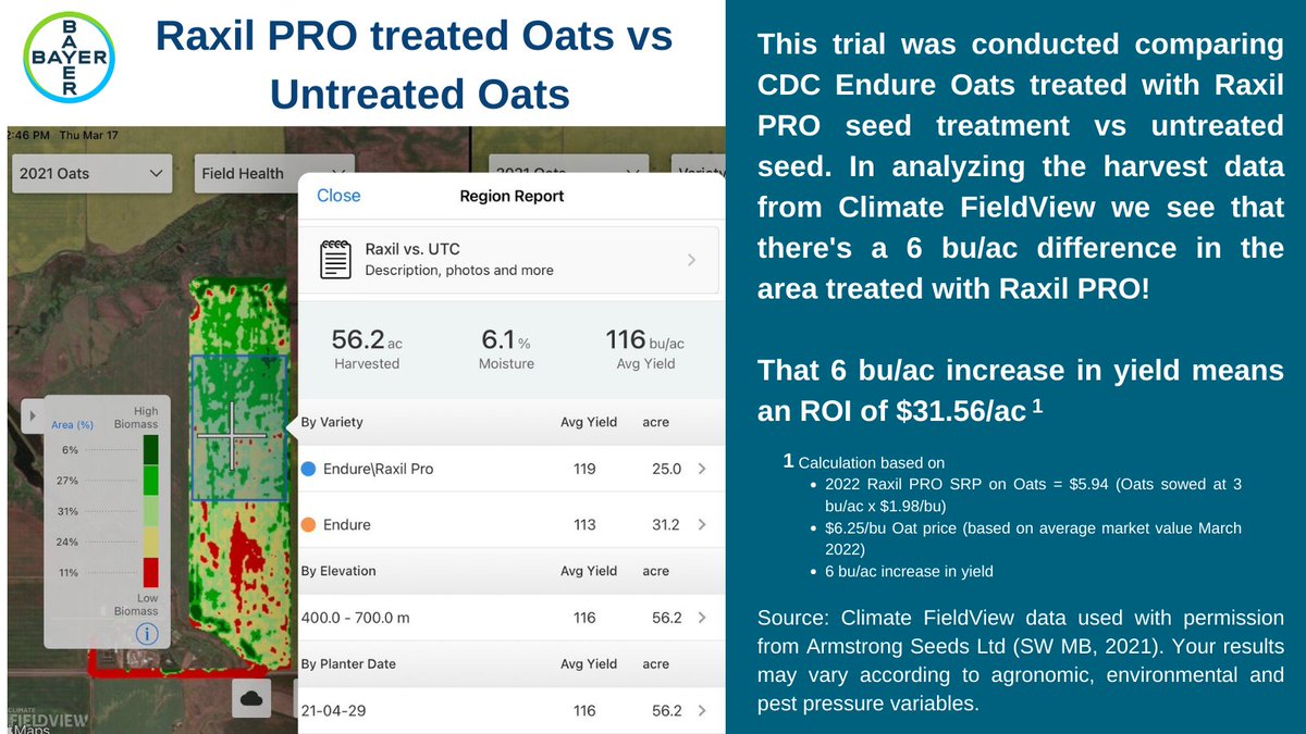 Bayer4CropsCA's tweet photo. Seed treatment trials never work out, right? Wrong! This @FieldViewCanada farmer trial comparing #RaxilPRO treated CDC Endure Oats had a 6 bu/ac increase in yield vs. untreated seed for an ROI of $31.56/ac! 🤩 To learn more contact your rep: https://t.co/y90nIlATeF https://t.co/4lkDht0VWE