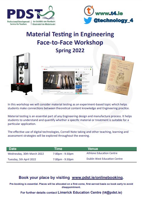 PDST - T4 (@technology_4) on Twitter photo Engineering Teachers
Join us in Athlone Education Centre on Wednesday 30th March for a face to face workshop on Material Testing in Engineering
To book your place visit pdst.ie/onlinebooking
<a href="/athloneec/">Athlone Ed. Centre</a> <a href="/ettaireland/">The E.T.T.A</a> <a href="/EttaArea1/">ETTA Area 1</a> Engineering Teachers
Join us in Athlone Education Centre on Wednesday 30th March for a face to face workshop on Material Testing in Engineering
To book your place visit pdst.ie/onlinebooking
<a href="/athloneec/">Athlone Ed. Centre</a> <a href="/ettaireland/">The E.T.T.A</a> <a href="/EttaArea1/">ETTA Area 1</a>