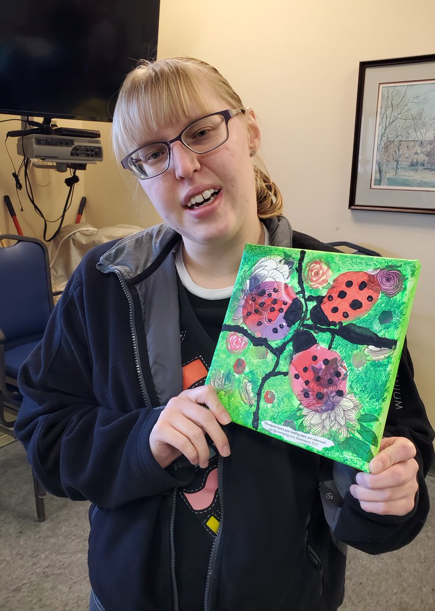 Thoughts of spring were in the air at the last Community Bridge class as we created 'Lady Bug Love'.  Using paint and tissue paper we discovered three little bugs talking in the trees.  #communitybridgeconsortium