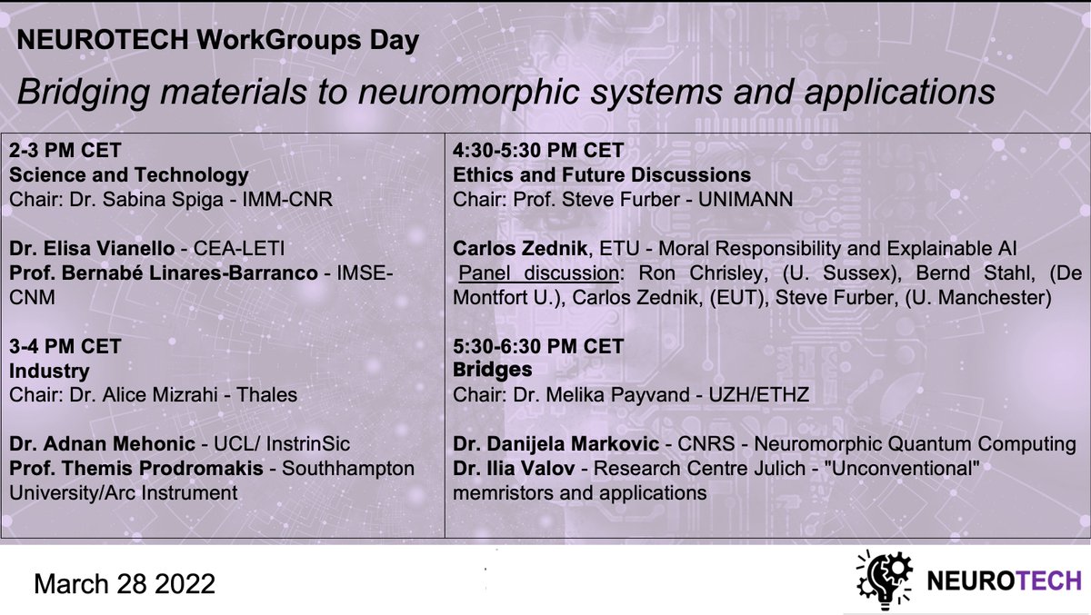 MelikaPayvand's tweet photo. Join us on Monday, Mar. 28th, 2 PM-6:30 PM CET for NEUROTECH workgroup day! We have an exciting program covering topics from science and industry to ethics and future technologies! 
For registration visit:  https://t.co/JQbHHHuKFt https://t.co/iorhkGuBso