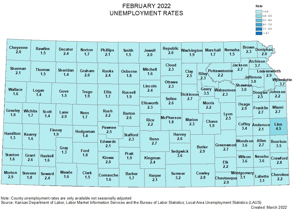 Cherokee County had an unemployment rate of 2.2% for February, down from 2.4% in January.