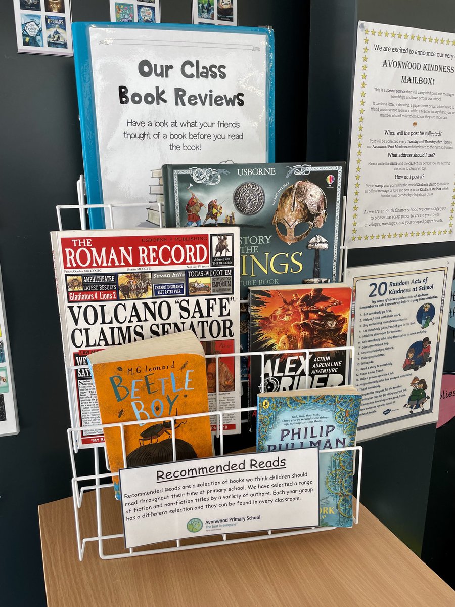 AvonwoodHead's tweet photo. Lovely flicking through the many book reviews in @AvonwoorYear5 Atlantic class today. Every Avonwood classroom has a display of recommended reads with the challenge to read &amp; review them all over the course of the academic year. #ReadingForPleasure #InspiringWonder https://t.co/lSmYyWmPvw