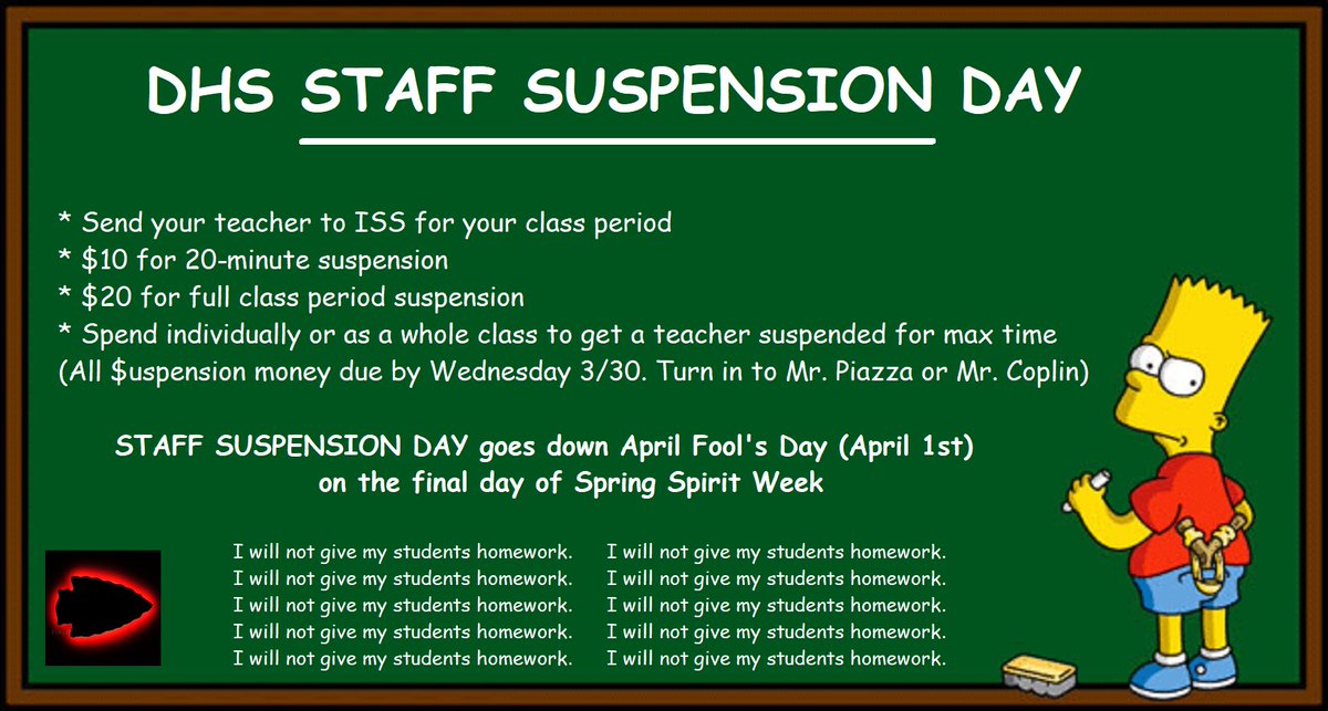 Get creative on Thursday &amp; bring "anything but a backpack". Friday brings the always popular Color Wars where grade levels battle it out for bragging rights. 

And staff beware!😬 Students will be able to dole out In-School Suspensions to DHS staff all day. 😱
($$$ due by 3/30)👀
