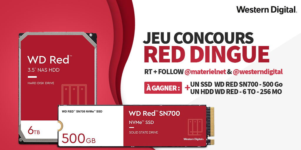 🛑 JEU-CONCOURS RED DINGUE 🛑

👉 RT+Follow <a href="/materielnet/">Materiel.net</a> &amp; <a href="/westerndigital/">Western Digital</a> pour tenter de gagner un SSD et un HDD Western Digital WD Red 🟥

🎁 2 lots mais 1 unique vainqueur 
🎰 TAS le 31/03
📋 bit.ly/35bapEP
🍀 Bonne chance à toutes et tous