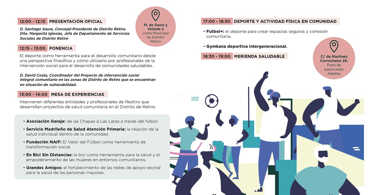La Junta Municipal del Distrito de Retiro lanza "El deporte como herramienta de salud comunitaria" 🏃🏼‍♀️

El 6 de abril te esperamos para disfrutar de unas jornadas saludables 🥰

Jornadas ➡️ 12h
📍 Salón de Plenos <a href="/JMDretiro/">Distrito de Retiro</a>

Encuentro ➡️ 17h
📍 Pista 🏀 Polideportivo "Adelfas"