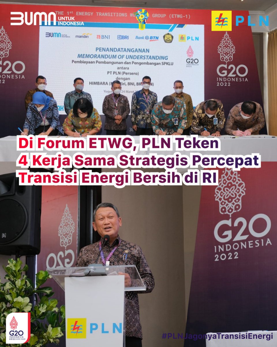 _pln_id's tweet photo. Electrizen, PLN teken 4 kerja sama strategis untuk percepat transisi energi bersih pada Forum Energy Transition Working Group 1 (ETWG) di Yogyakarta, Kamis (24/3). #PLNJagonyaTransisiEnergi #TransisiEnergiBaruPLN #PLNPimpinTransisiEnergi #PLNSukseskanG20 https://t.co/eS4aWD3Dbr