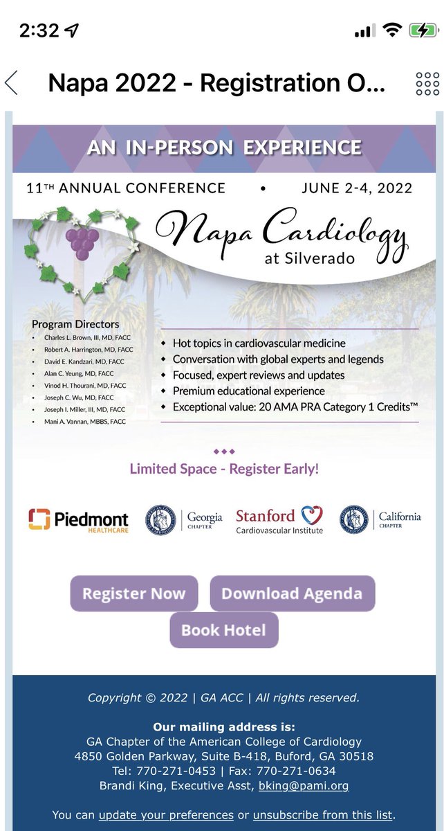 Napa Cardiology 2022. Outstanding educational experience: national experts, unique interactive presentations on hot topics, exceptional value for money and time. Limited space. Register ASAP: 123signup.com/register?id=kv… @PradeepYadavMD @VinodThourani @ACC_Georgia @CaliforniaACC