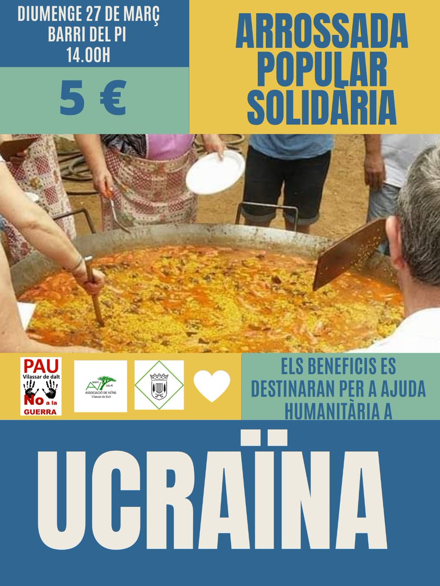 L'AV del Barri del Pi organitzarà una arrossada popular solidària aquest diumenge. Els beneficis es destinaran a ajuda humanitària pel poble ucraïnès. Una activitat més en el marc de la jornada Solidària de Vilassar amb Ucraïna aquest diumenge