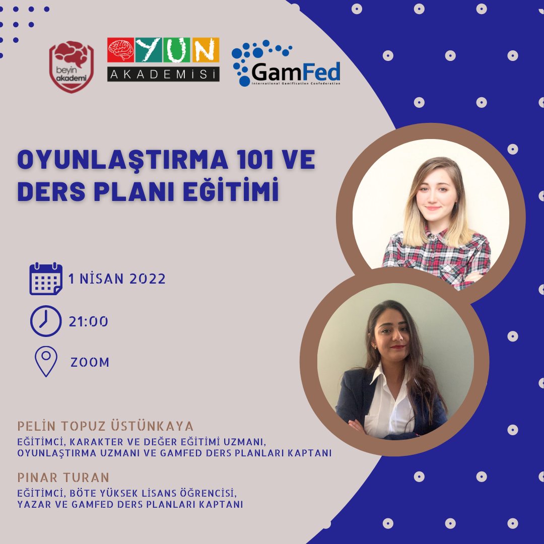 Oyun Akademisi ücretsiz “Oyunlaştırma 101 ve Oyunlastırılmış Ders Planı Tasarımı” eğitiminde buluşmaya ne dersiniz? 

1 Nisan 2022 tarihinde GamFed ders planı kaptanlarımızdan Pelin Topuz Üstünkaya ve Pınar Turan 21.00'de sizlerle.

Kayıt Linki: docs.google.com/forms/d/e/1FAI…
