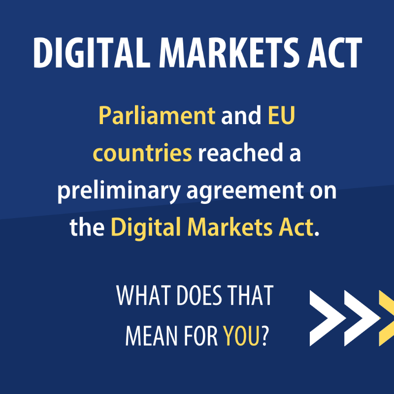 Europarl_EN's tweet photo. Big Tech must show that they allow for fair competition on the internet. 

With the deal on the Digital Markets Act that was just reached this week, Europe is ensuring more competition, more innovation and more choice for users ↓